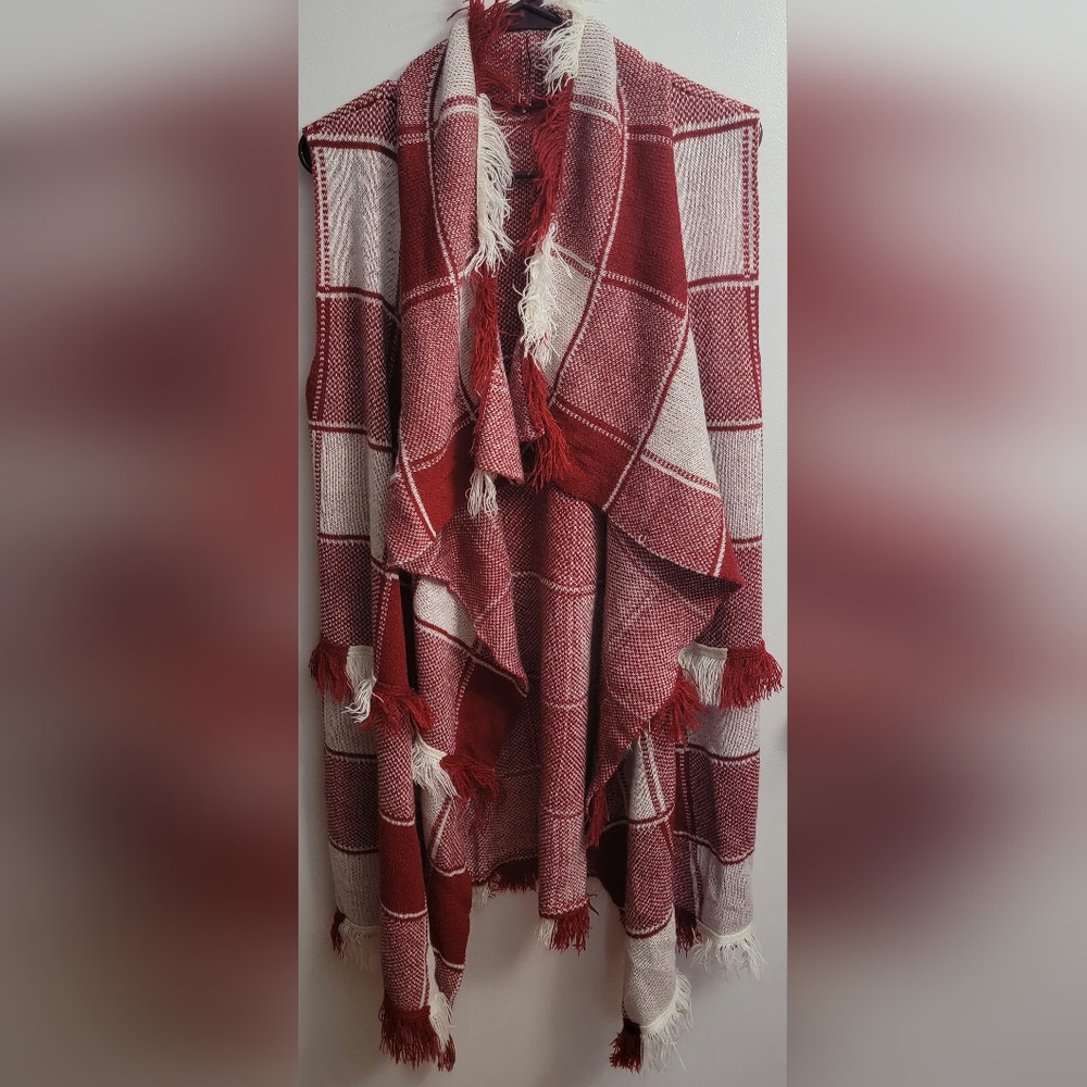 Womens Sleeveless Plaid Open Front Cardigan Vest- Red & White